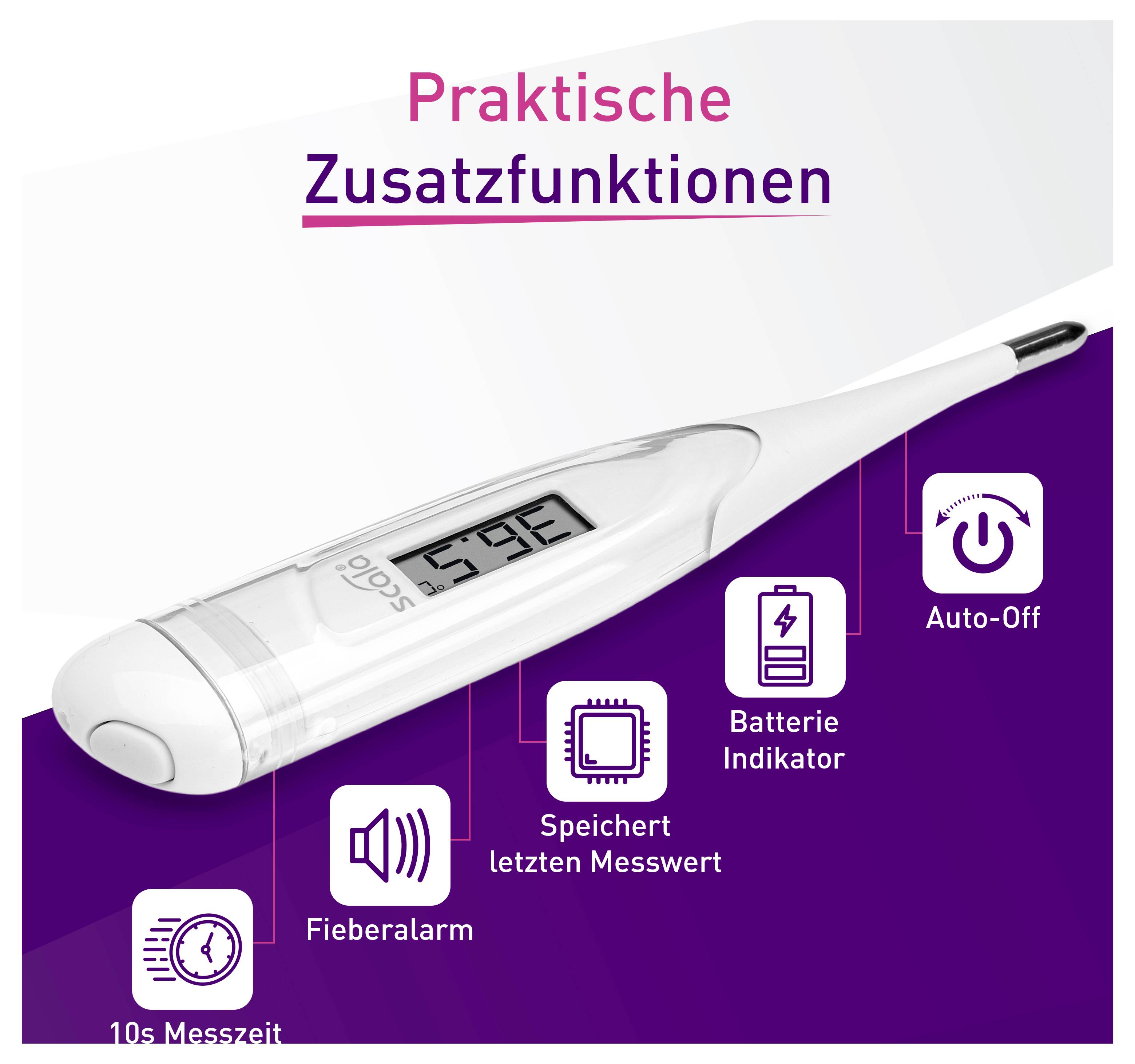 Digitalthermometer mit Display zeigt 36,5°C. Funktionen: Fieberalarm, Auto-Aus, Batteriestand, Speicher letzte Messung, 10 Sek. Messzeit.