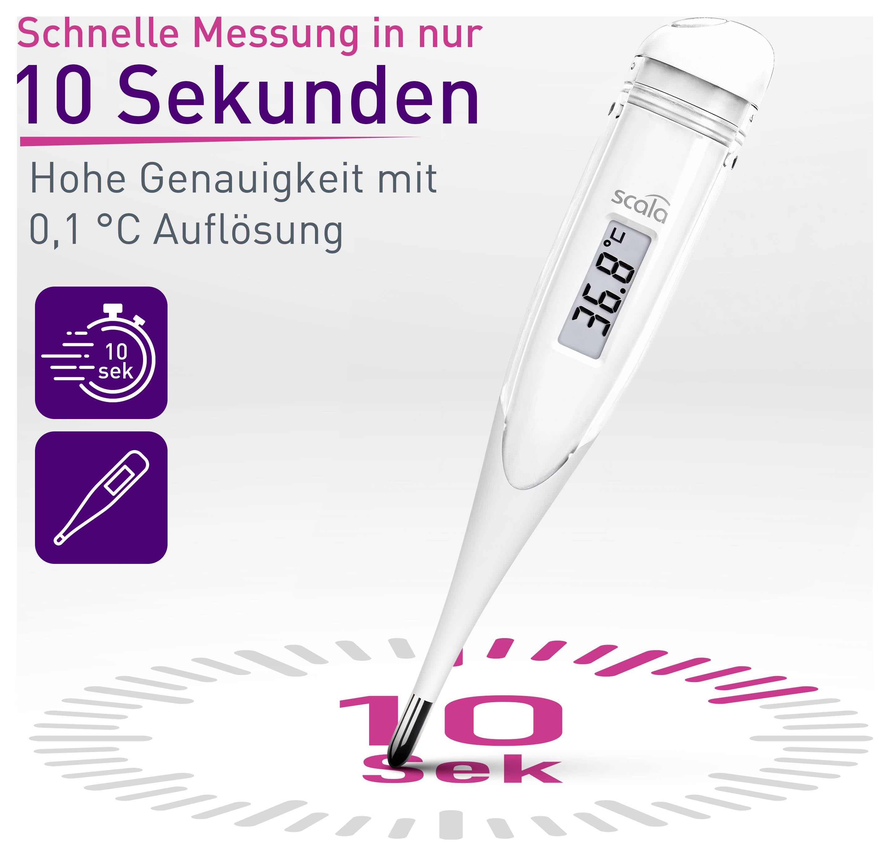 Digitales Thermometer zeigt '36,8 °C' an, beworben mit 'Schnelle Messung in nur 10 Sekunden' und 'Hohe Genauigkeit mit 0,1 °C Auflösung'.