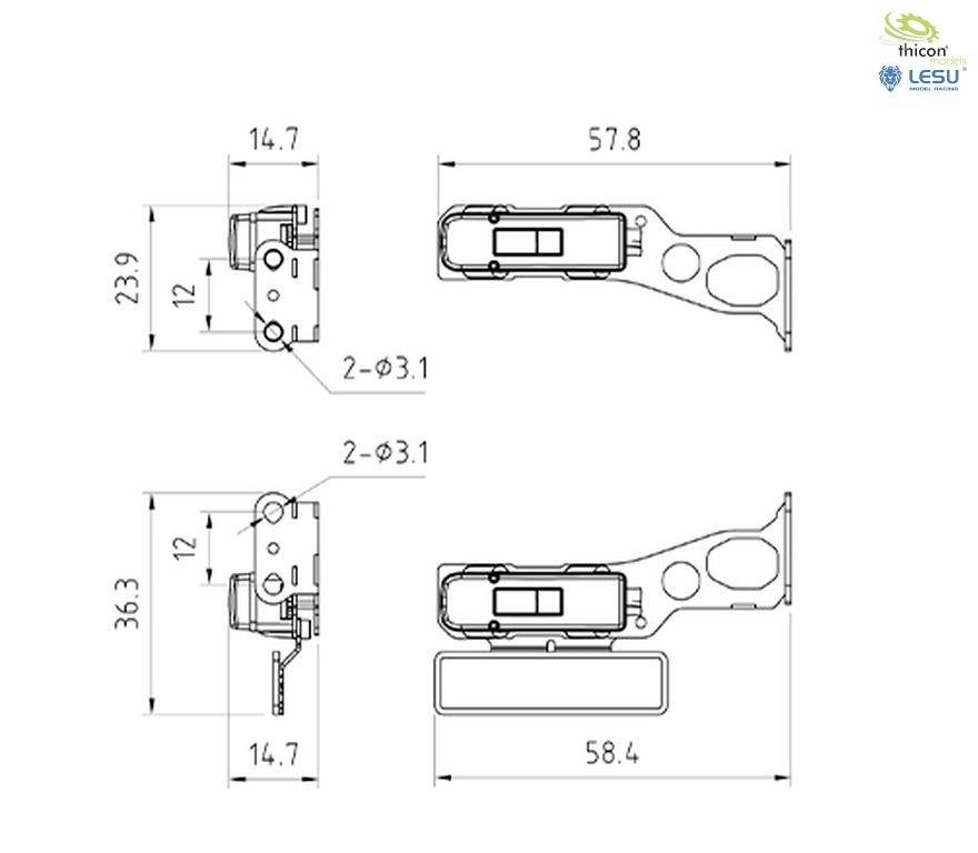 Technische Zeichnung eines Scharniers mit Maßen: 23,9 mm Höhe, 57,8 mm Länge, 36,3 mm Breite. Bohrungen sind mit 3,1 mm markiert.