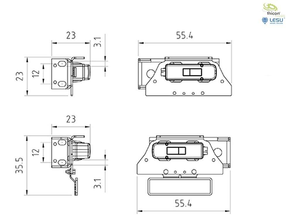 Technische Zeichnung einer mechanischen Komponente, gezeigt in vier Ansichten mit Maßen. Oben rechts sind die Logos von Thicon und Lesu.