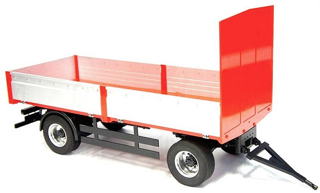 LKW-Anhänger in Rot und Silber mit schwarzen Rädern.