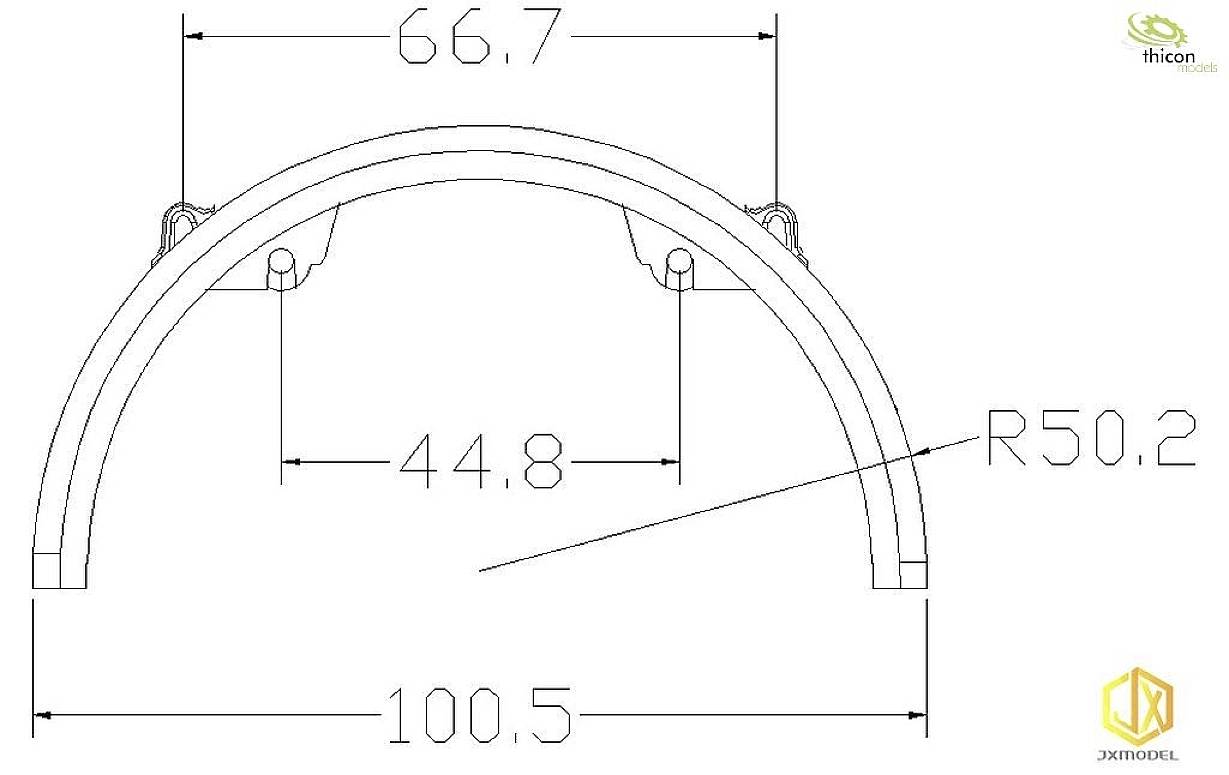 'Technische Zeichnung eines gebogenen Rohres mit Maßen: Durchmesser 66,7 mm, Radius 50,2 mm, Breite 100,5 mm, Öffnung 44,8 mm.'