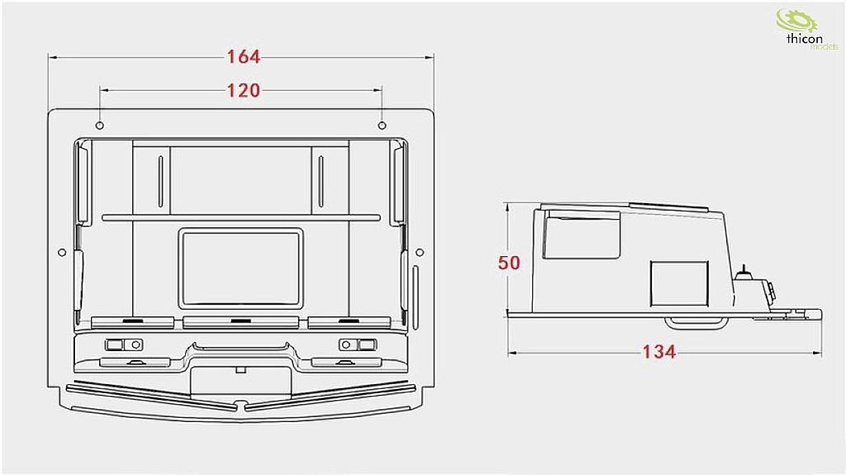 Technische Zeichnung eines Geräts mit Front- und Seitenansicht. Hauptmaße sind 164x134x50 mm, Innere Breite 120 mm, logo von 'thicon models' oben rechts.