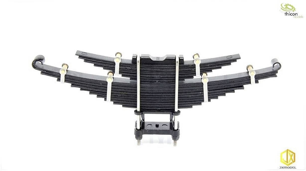 Ein Modell eines mehrschichtigen Blattfedersystems für Fahrzeuge, das aus schwarzen Metallplatten und goldenen Verbindungselementen besteht. Logos der Hersteller 'thicon models' und 'xmodels' sind sichtbar.