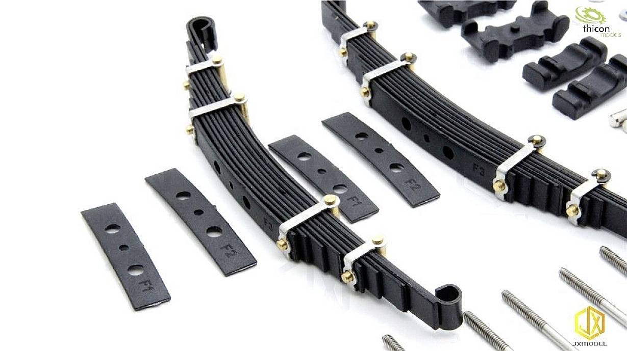 Mehrere schwarze Blattfedern und Zubehör wie Schrauben auf einer weißen Oberfläche. Enthält thicon models- und xmmodels-Logos.