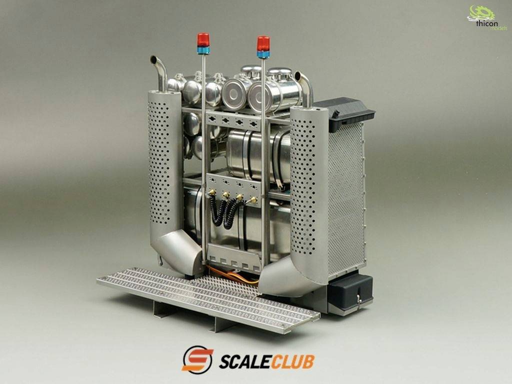 Modell eines LKW-Motors mit zwei roten Warnleuchten oben. Das Logo 'SCALECLUB' ist unten abgebildet.