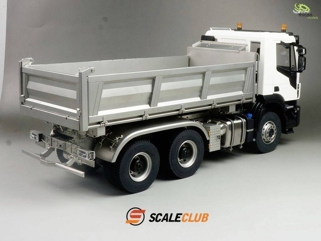 Lastwagenmodell mit offenem Laderaum auf grauem Hintergrund. Logo darunter: 'SCALECLUB'.