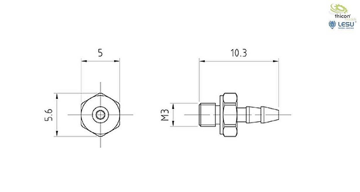 Technische Zeichnung eines Schraubverbinders. Oben Ansicht zeigt Durchmesser von 5,6mm, 5mm Länge. Seite zeigt 10,3mm Länge, Gewinde M3.