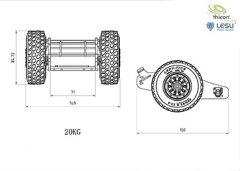 Technische Zeichnung einer Achse mit zwei Reifen, Maßen und Gewichtsangabe '20KG'. Logo oben rechts.