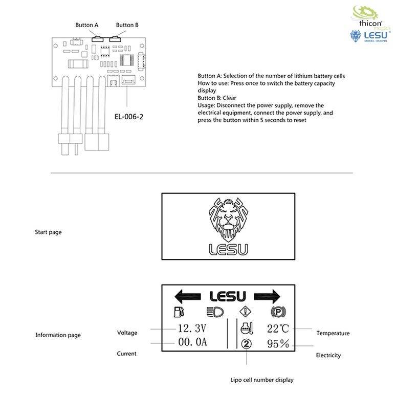 'Dieses Diagramm zeigt ein Steuerungsmodul für Lithium-Batteriezellen mit Tasten A und B. Es enthält Symbole für Spannung, Stromstärke, Temperatur und Kapazität.'
