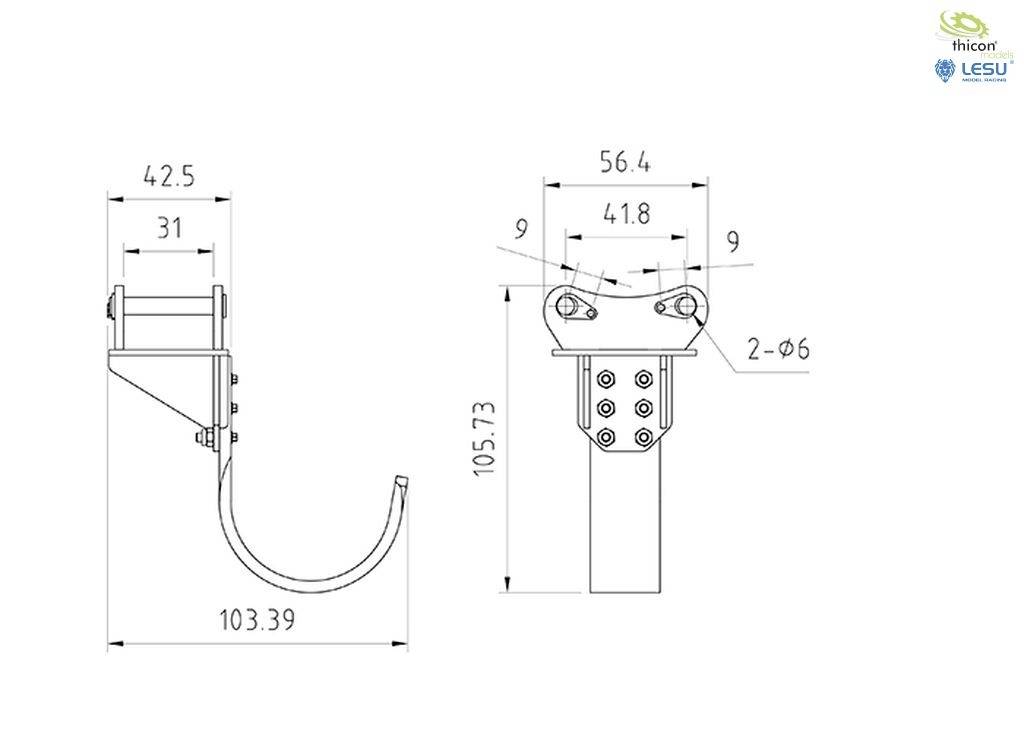 Technische Zeichnung eines Hakens mit Maßen. Links zeigt die seitliche Ansicht mit Höhe von 105,73 mm, rechts die vordere Ansicht mit Breite 56,4 mm.