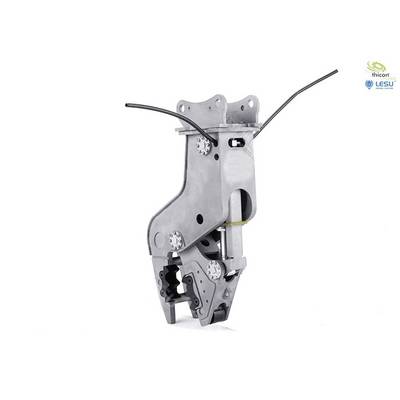Metallgerät mit Greifzangen und Bolzen, möglicherweise ein hydraulischer Greifer für Bau- oder Industrieanwendungen.