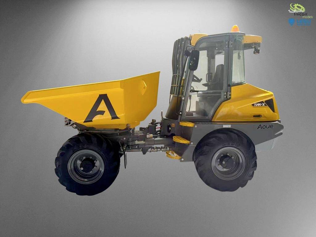 Kleiner gelber Dumper mit Kabine und markiertem Buchstaben 'A' auf der Ladefläche, seitlich fotografiert vor grauem Hintergrund.