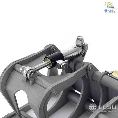 Ein Modell eines hydraulischen Zylinders aus Metall, das auf einem Modellfahrzeug-Chassis montiert ist, mit 'LESU'-Logo oben rechts.