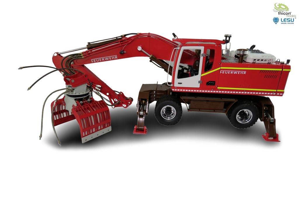 Ein roter Feuerwehrausleger mit Greifzange, montiert auf einem Fahrzeug mit vier Rädern. Markierungen des deutschen Feuerwehrs.