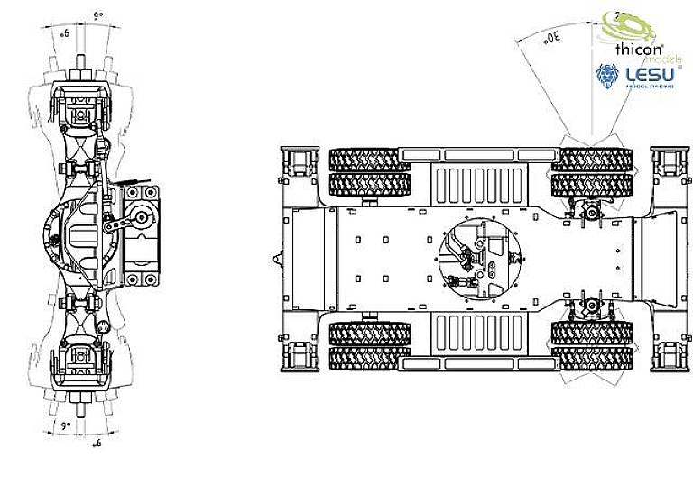 Technische Zeichnung eines Fahrzeugchassis, von oben und der Seite. Zeigt Achsen, Federung und Radposition. Markenlogos oben rechts.
