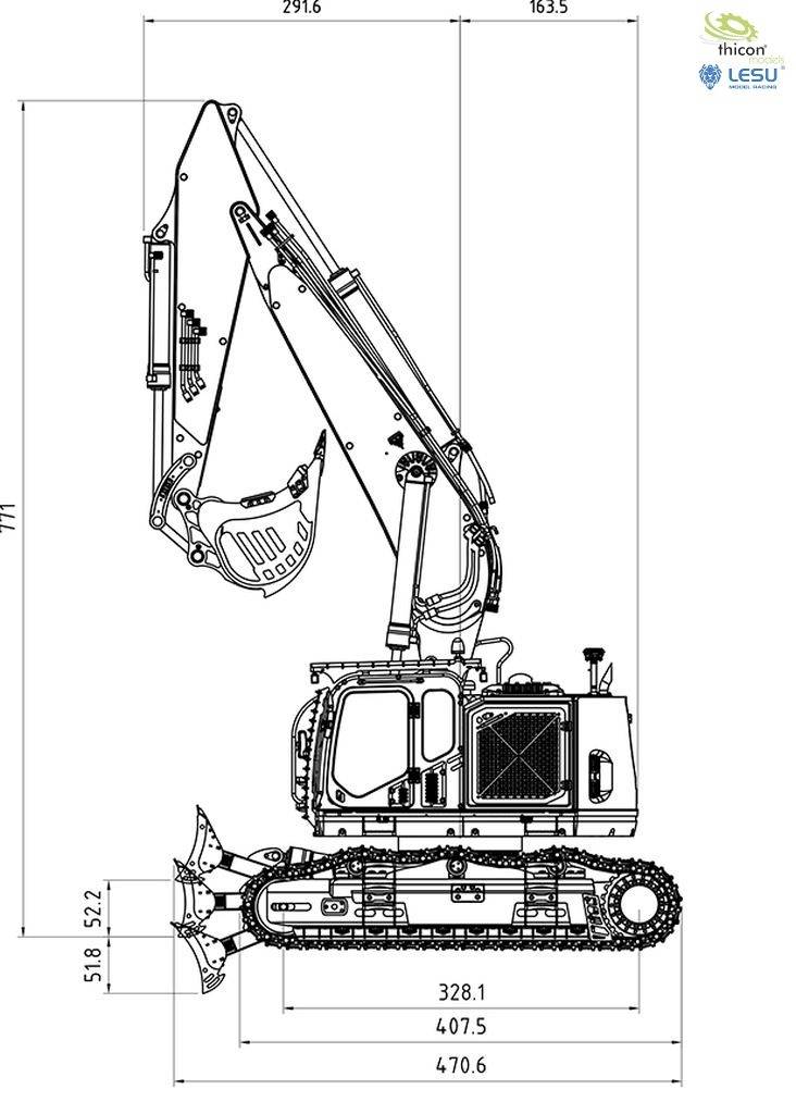 Technische Zeichnung eines Baggers von der Seite mit Maßen. Zeigt Arm, Kabine, Ketten und Anbaugerät.