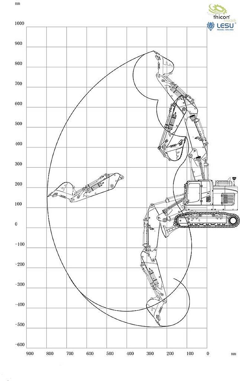 Bauplan einer Baumaschine in Seitenansicht mit Messskalen in Millimetern. Eine Linie zeigt den Bewegungsbereich des Arms.