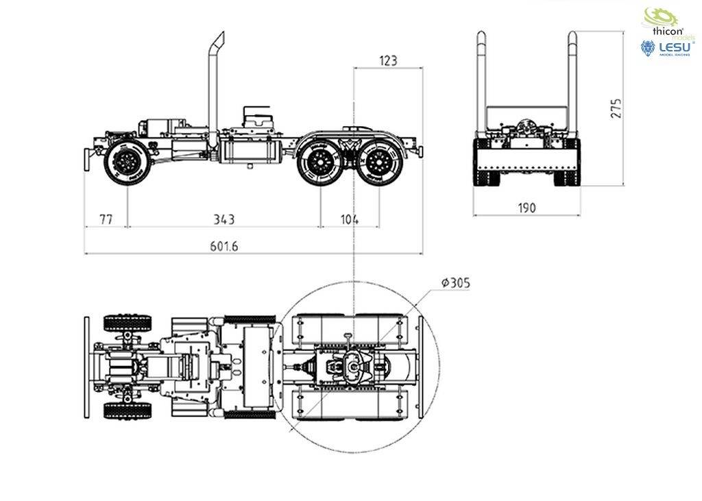 Technische Zeichnung eines LKW-Chassis mit Seiten-, Vorder- und Draufsicht. Abmessungen in Millimetern angegeben.