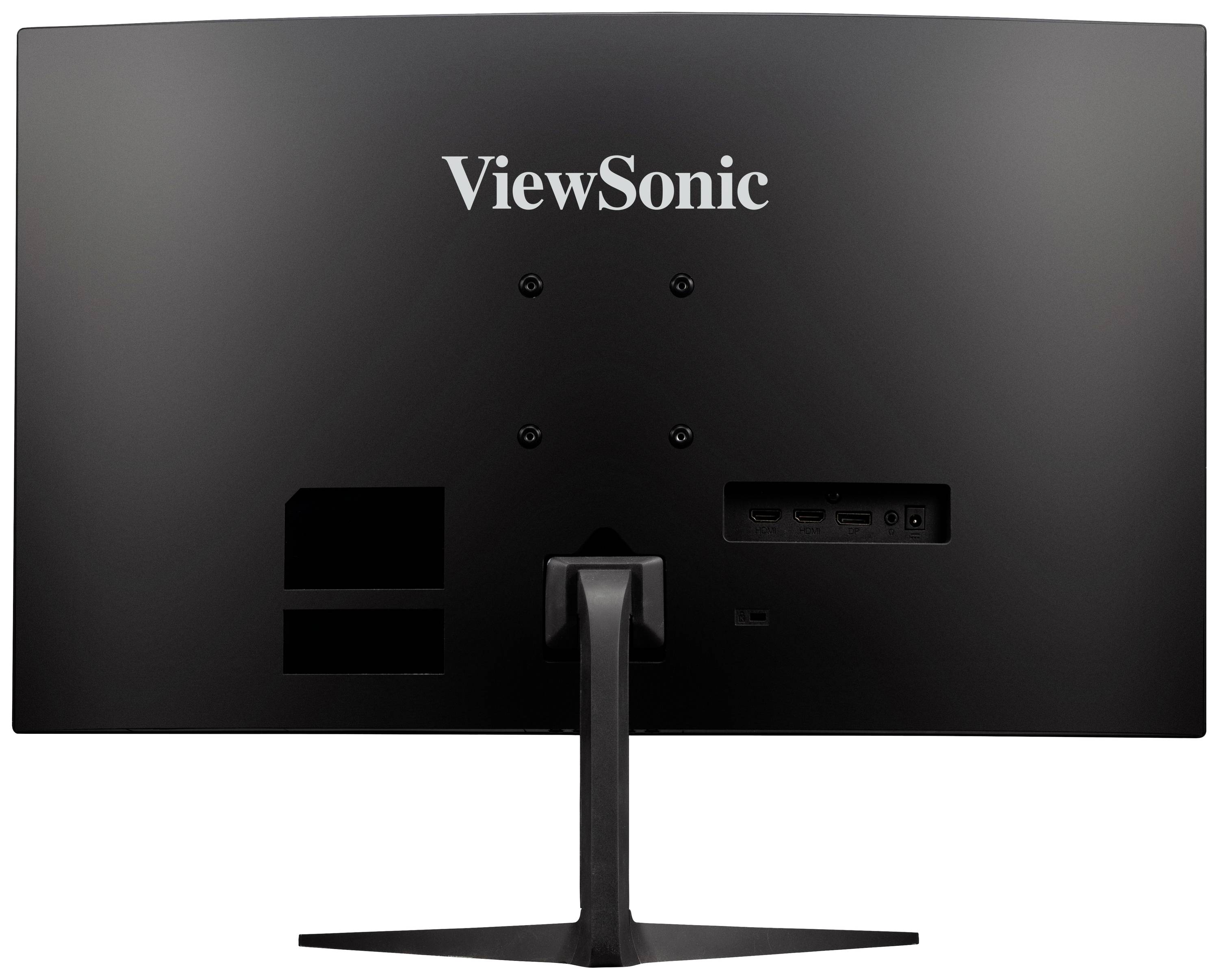 Ein schwarzer Computerbildschirm von hinten, Marke 'ViewSonic', auf einem Standfuß, ohne sichtbare Anschlüsse oder Markenlogos.