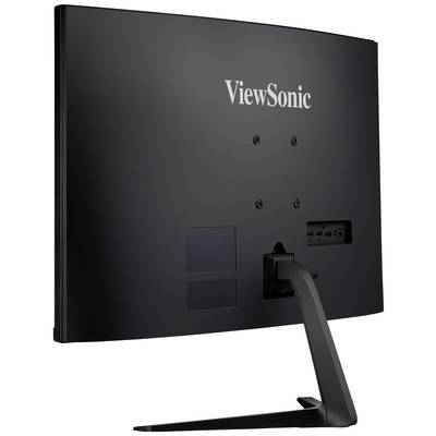 Rückansicht eines schwarzen Monitors mit dem Logo 'ViewSonic' in der Mitte. Der Monitor hat einen stabilen Standfuß und Anschlüsse.