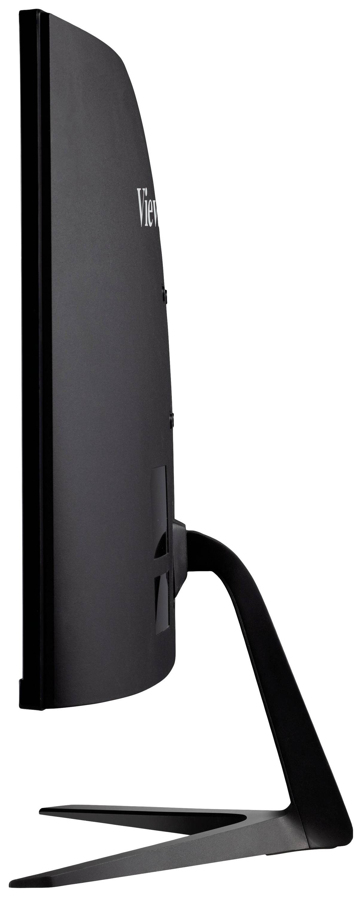 Seitliche Ansicht eines Flachbildschirms auf einem Standfuß, zeigt ein schlankes Design mit schwarzer Oberfläche.