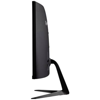 Seitliche Ansicht eines Flachbildschirms auf einem Standfuß, zeigt ein schlankes Design mit schwarzer Oberfläche.