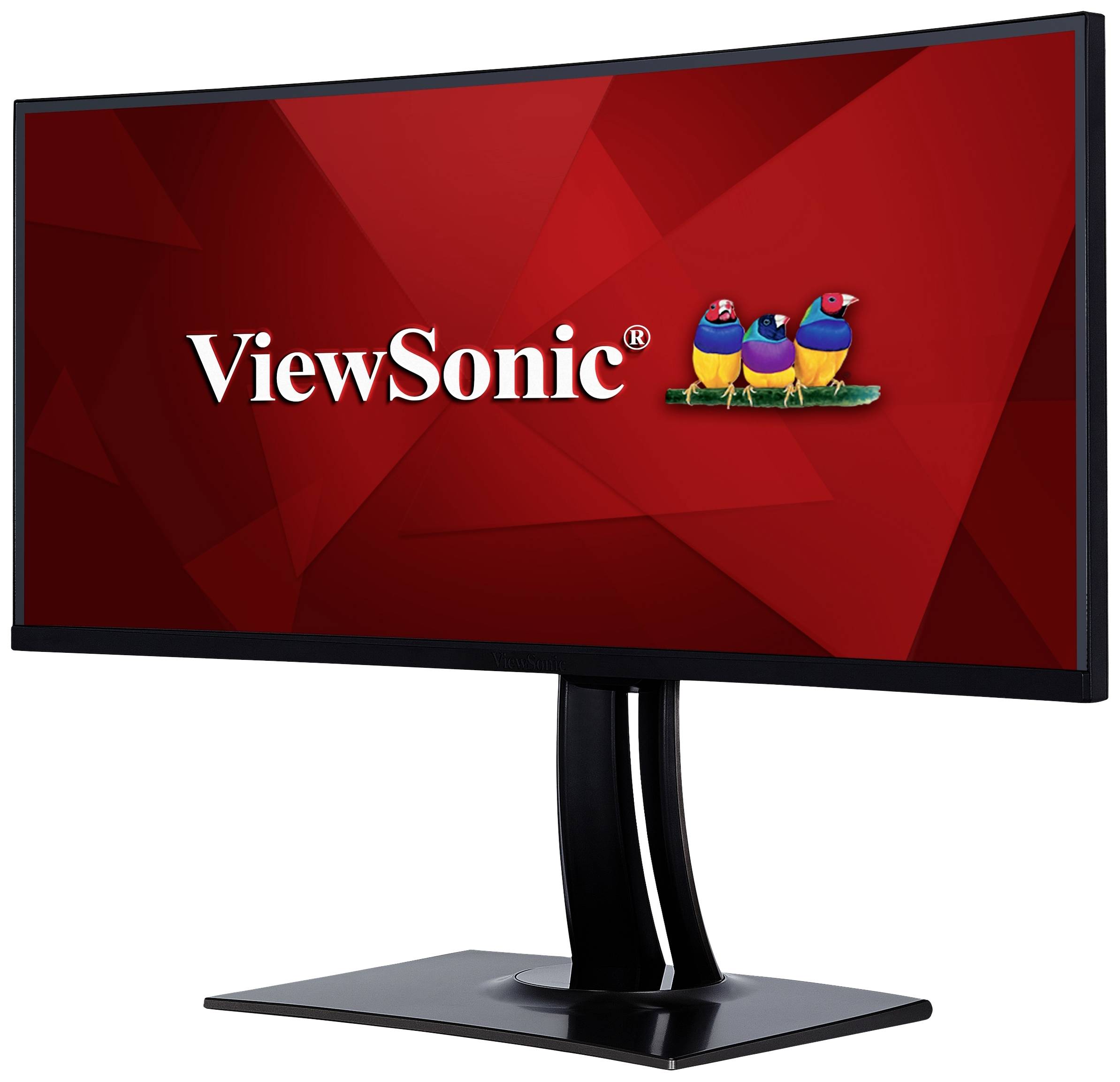 Der Monitor zeigt das ViewSonic-Logo auf einem roten Hintergrund mit drei bunten Vögeln. Der Bildschirm ist von schmalem, schwarzem Rahmen umgeben.