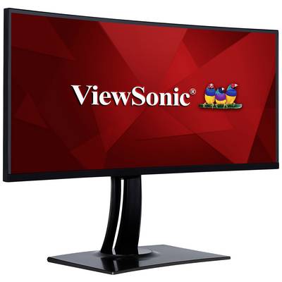 Ein Computerbildschirm mit dem Logo 'ViewSonic' und bunten Vögeln auf rotem Hintergrund.