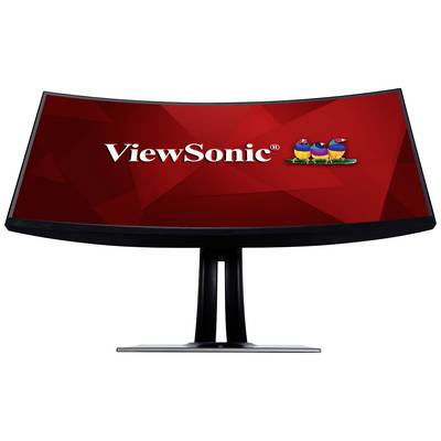 Ein gebogener Bildschirm mit schwarzem Rahmen zeigt das rote ViewSonic-Logo und drei bunte Vögel auf einem Ast.
