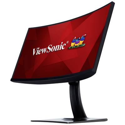 Ein gebogener Computermonitor mit der Aufschrift 'ViewSonic' auf einem roten Hintergrund, zeigt drei bunte Vögel als Logo.