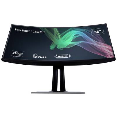 Ein gebogener Monitor von ViewSonic, Modell ColorPro, 38 Zoll, mit 2300R Krümmung, DCI-P3 Farbraum und USB-C-Anschluss.