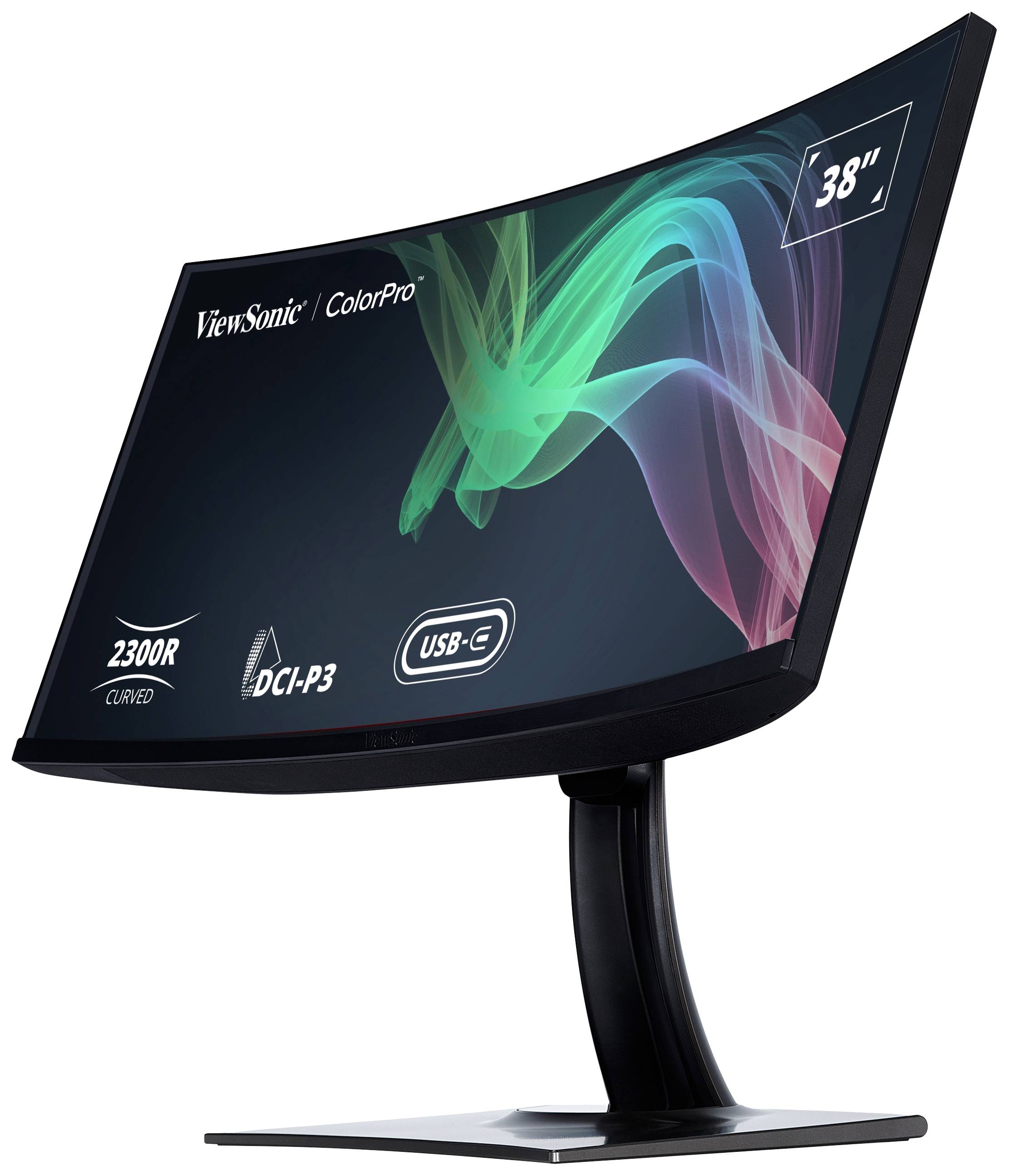 Ein gebogener Computermonitor mit 38 Zoll Bildschirmdiagonale, Aufschrift 'ViewSonic ColorPro', mit USB-C und DCI-P3 Farbraumunterstützung.
