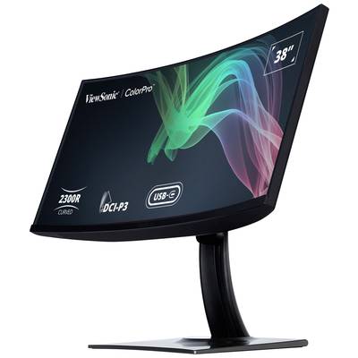 Ein gebogener Computermonitor mit 38 Zoll Bildschirmdiagonale, Aufschrift 'ViewSonic ColorPro', mit USB-C und DCI-P3 Farbraumunterstützung.