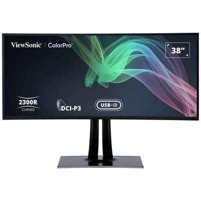 Ein 38-Zoll-Curved-Monitor von ViewSonic zeigt Spezifikationen: 2300R Krümmung, DCI-P3 Farbraum und USB-C Anschluss.