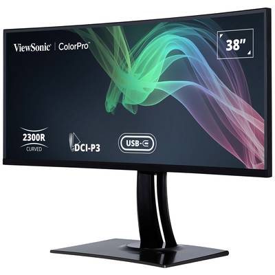 Ein 38-Zoll ViewSonic ColorPro Monitor mit gebogenem Bildschirm, DCI-P3 Farbraum und USB-C Anschluss; zeigt ein farbenfrohes Muster.