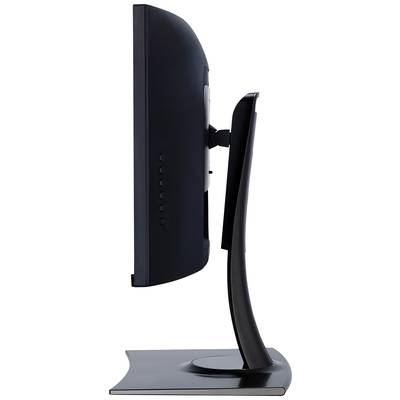 Ein seitlich dargestellter schwarzer Computermonitor mit gebogenem Bildschirm und abgerundetem Standfuß.