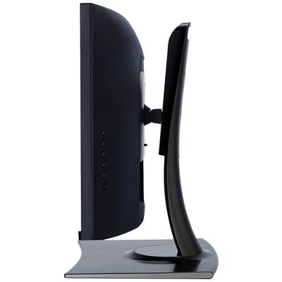 Seitenansicht eines flachen Computermonitors auf einem Standfuß, der schlankes Design und verstellbaren Bildschirm zeigt.