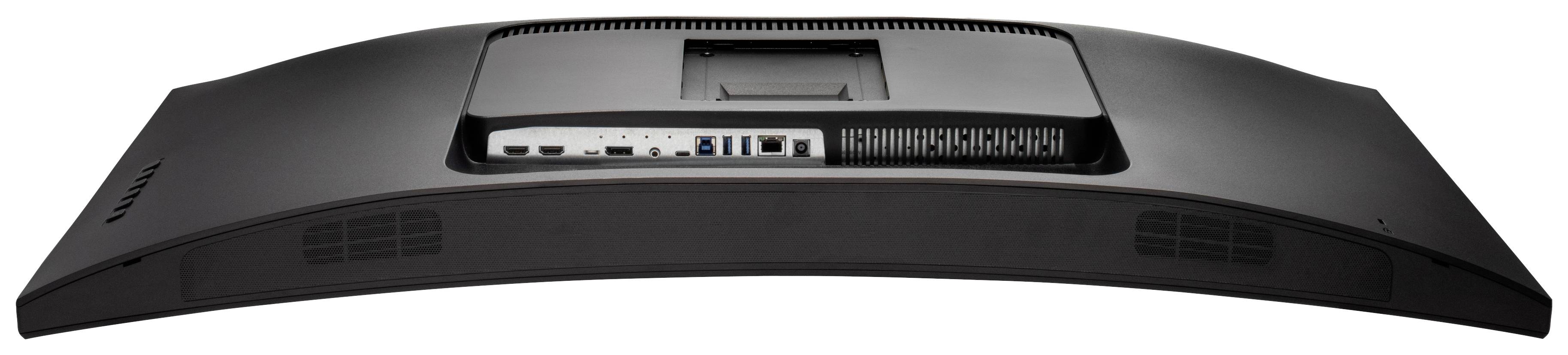 Rückansicht eines Computermonitors mit sichtbaren Anschlüssen und Belüftungsschlitzen, flache Bauform, geeignet für Büros.