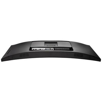 Rückansicht eines Computermonitors mit sichtbaren Anschlüssen und Belüftungsschlitzen, flache Bauform, geeignet für Büros.