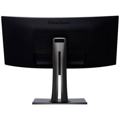 Rückansicht eines schwarzen, gebogenen Computerbildschirms mit stabilem Standfuß.