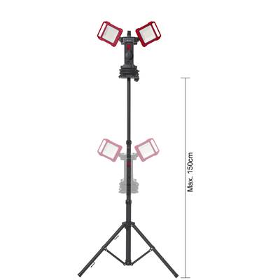 'LED-Flutlicht auf verstellbarem Stativ, maximal 150 cm Höhe, mit zwei schwenkbaren Leuchten.'