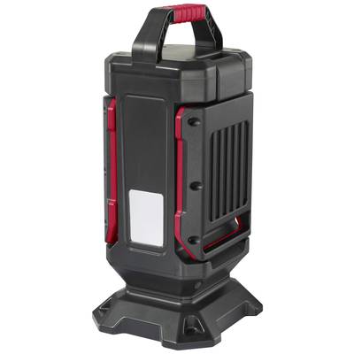 Schwarzer tragbarer Lautsprecher mit rotem Griff, rechteckigem Design und seitlichen Lüftungsschlitzen, geeignet für Outdoor-Veranstaltungen.