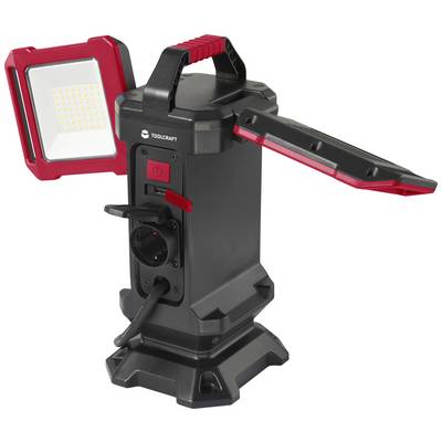 'Tragbarer LED-Arbeitsstrahler mit stabilem Standfuß, ausziehbarem Lampenkopf und rotem Griff. Ideal für Werkstatt- und Outdoor-Einsatz.'