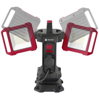 Eine tragbare LED-Arbeitsleuchte mit zwei verstellbaren Lampenarmen, geeignet für diverse handwerkliche Arbeiten.