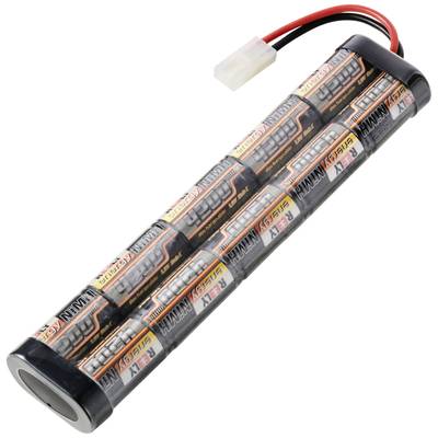 Langes, rechteckiges Batteriepack mit verbundenen Zellen und einem Anschlusskabel.