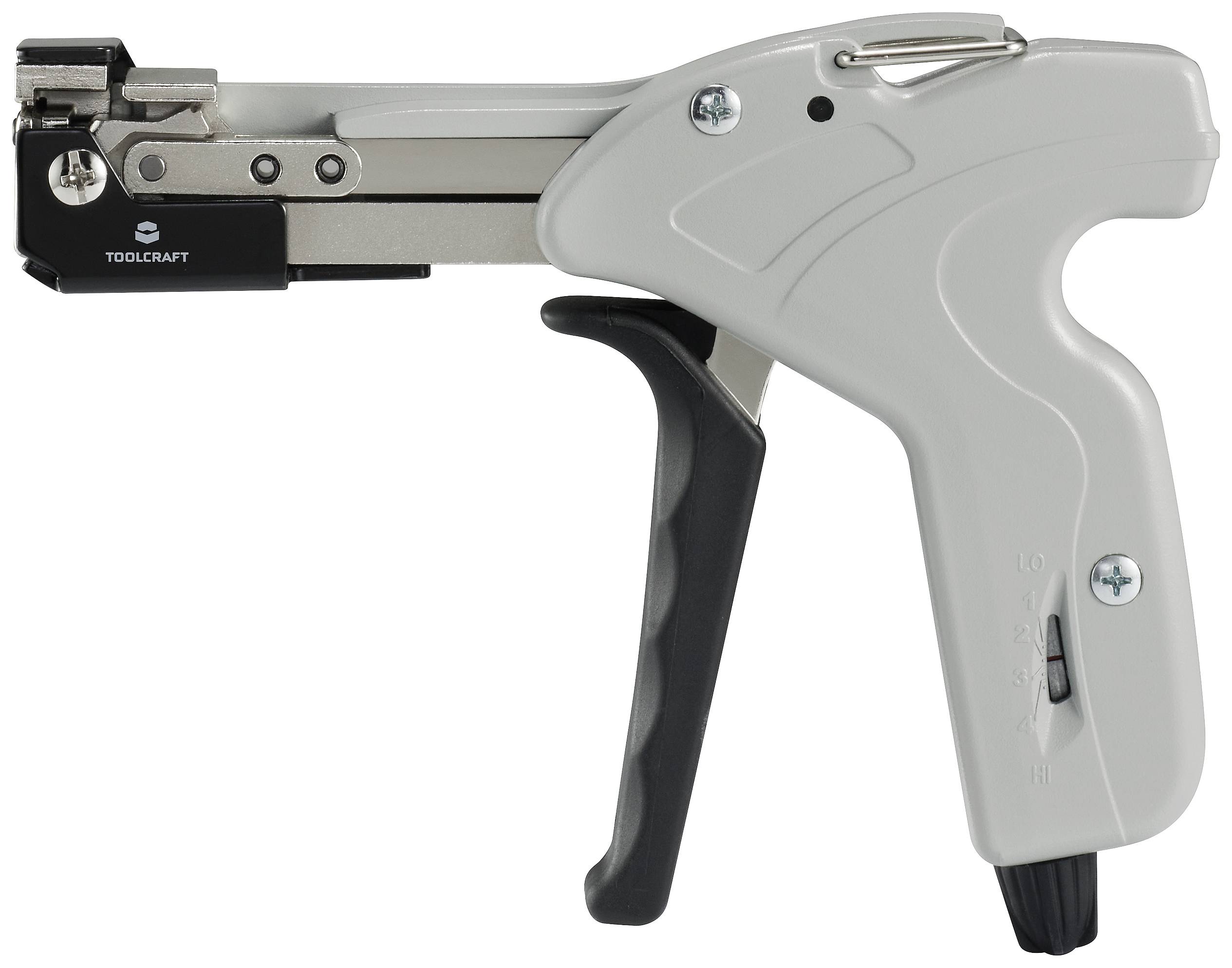 Ein grauer Tacker in Pistolenform mit schwarzem Griff, geeignet für Kabel- und Elektroinstallationen.