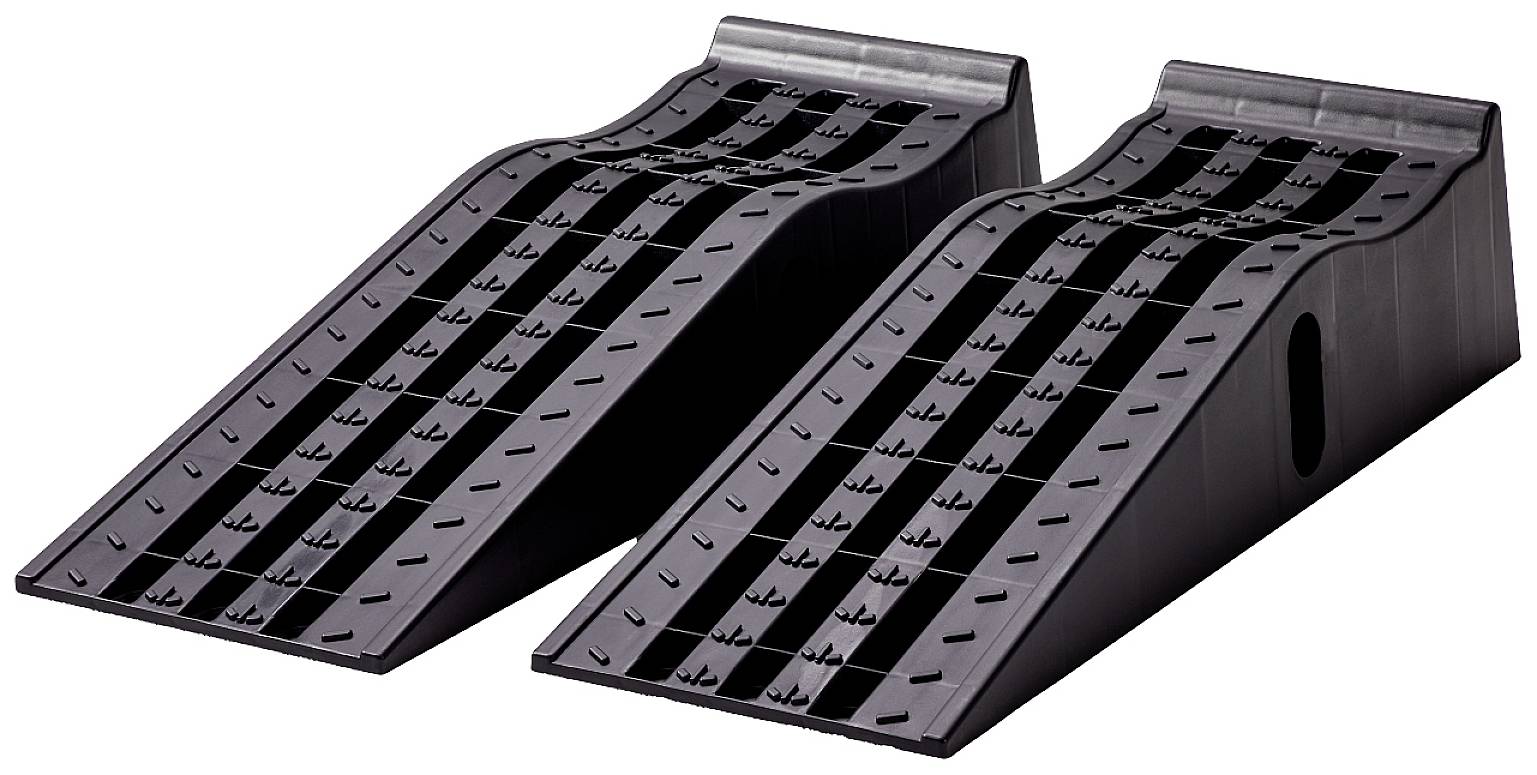 Zwei schwarze Kunststoff-Rampen auf weißem Hintergrund, die ein Fahrzeug anheben oder stabilisieren sollen.