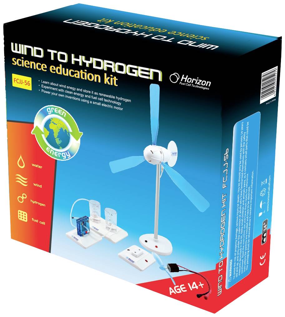 'Wind to Hydrogen' Wissenschafts-Bildungset. Zeigt ein Modell zur Demonstration der Energieumwandlung von Wind zu Wasserstoff.
