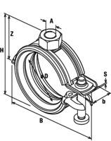 Technische Zeichnung eines Rohrschellenhalters mit beschrifteten Maßen A, D, B, H, Z, S, b; zeigt die Struktur und Befestigung.